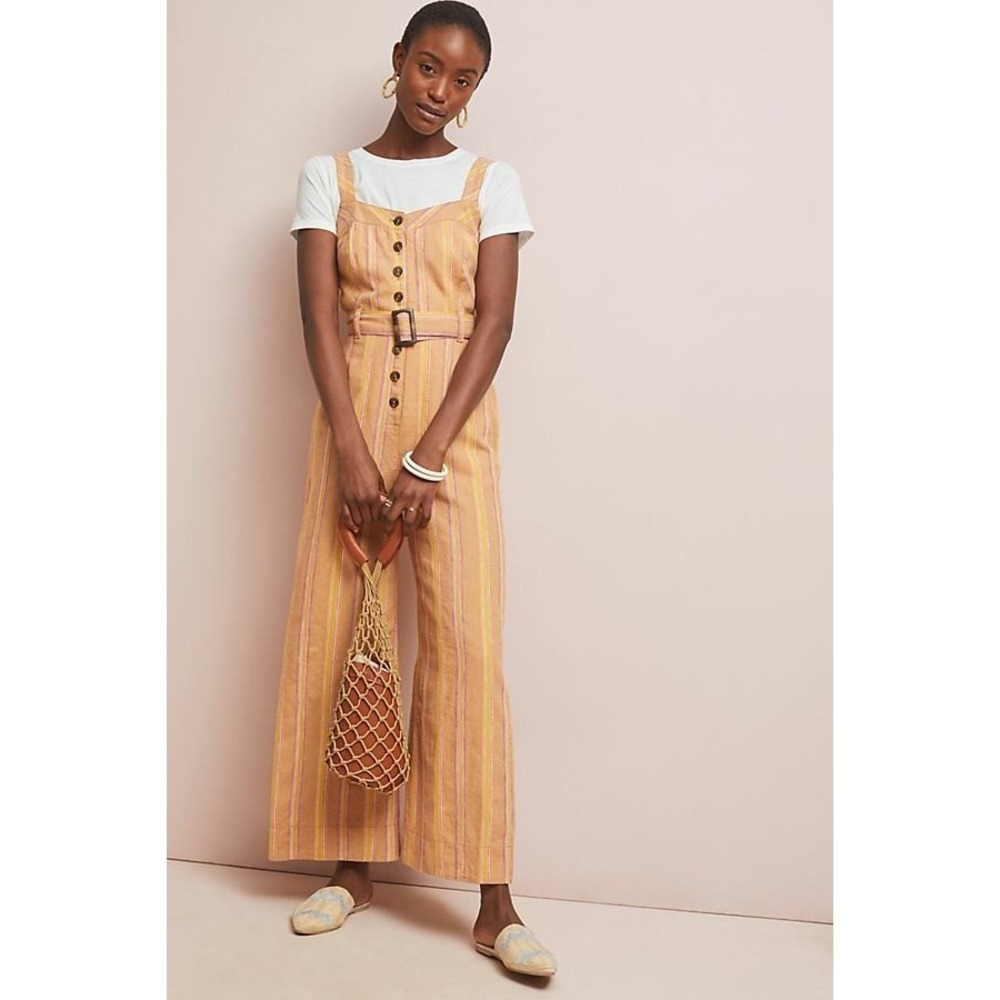 Anthropologie Jumpsuit Women 6 Orange Striped Farm Rio Belted Wide Leg Summer